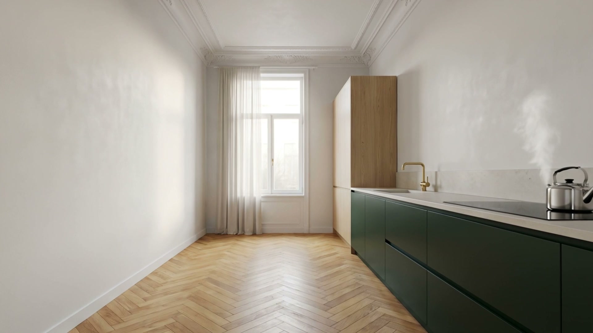 Cuisine rénovée dans une maison de maître bruxelloise, plan de travail en pierre et meubles vert profond, illustration