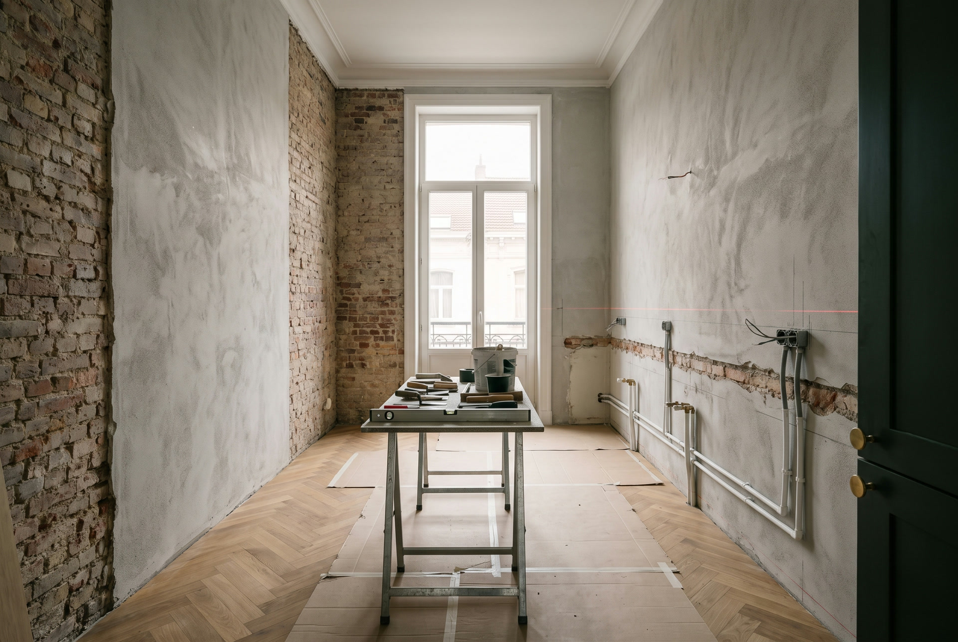 Cuisine en cours de rénovation, tuyaux et gaines passés avant l'enduit