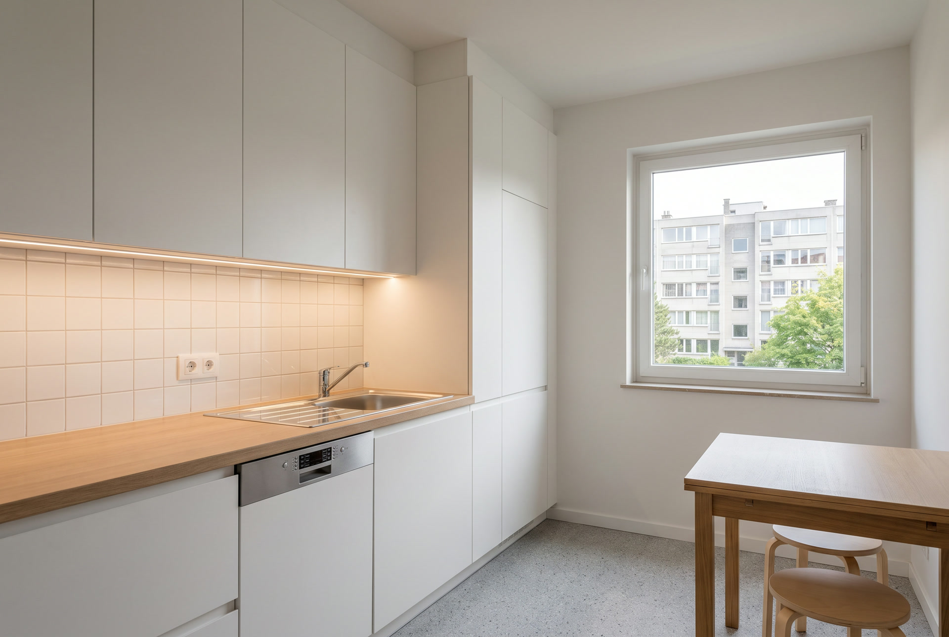 Petite cuisine d'appartement bruxellois des années 60 refaite, blanc et chêne clair