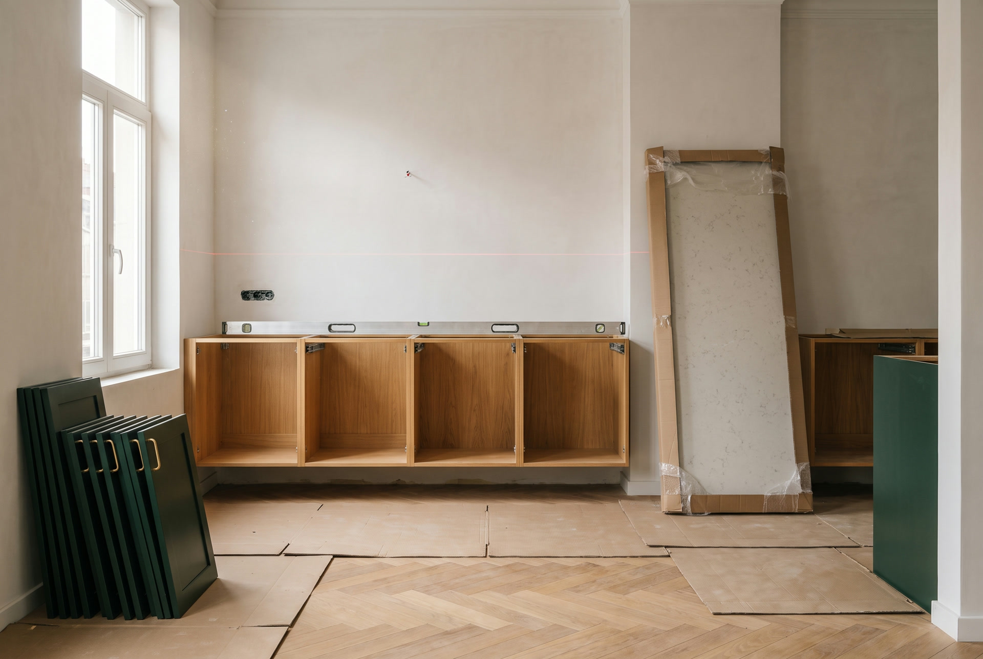 Caissons de cuisine mis de niveau, niveau à bulle posé dessus, avant le plan de travail